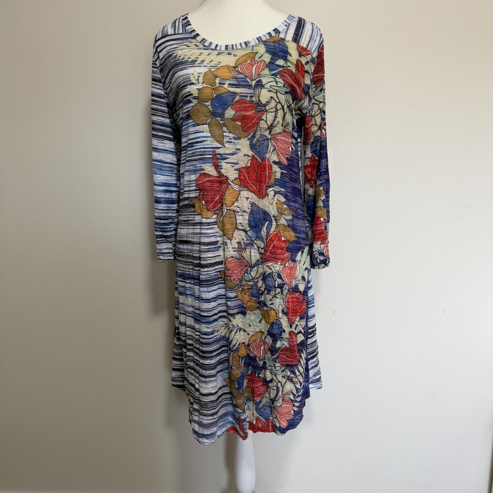 David Cline Floral Stripe Long Sleeve Dress Womens XL Blue Mixed Print Boho